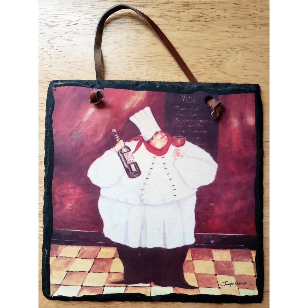 Jennifer Garant Fat Chef Wine Tile Wall Plaque 6.5" Kitchen Decor